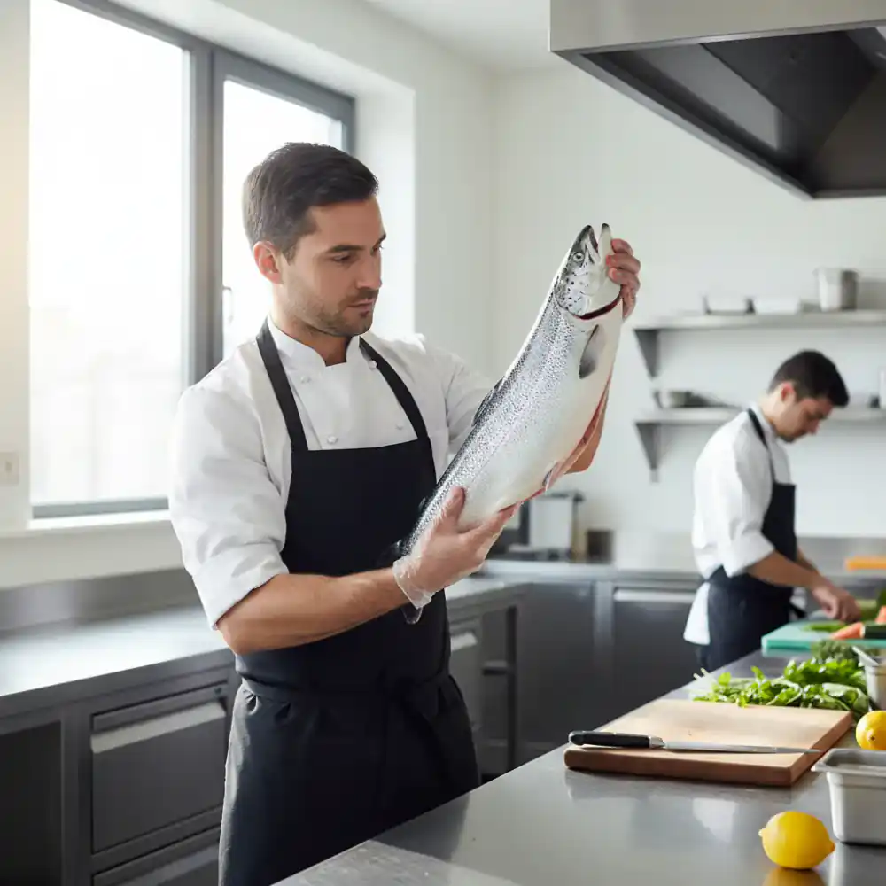 Chef inspecting fresh fish in kitchen