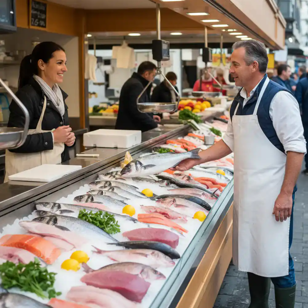 Merchant speaking with a customer at a fresh fish stall