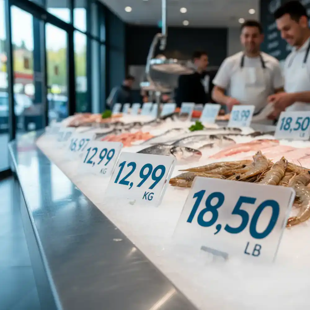 Clear, legible pricing signs on a fish counter