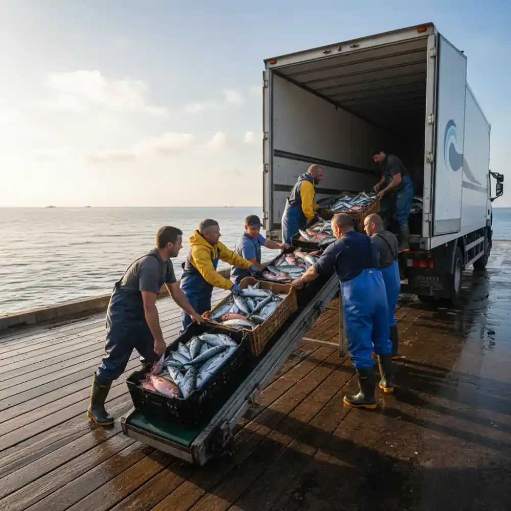 Fishermen offloading fresh catch directly to a refrigerated transport