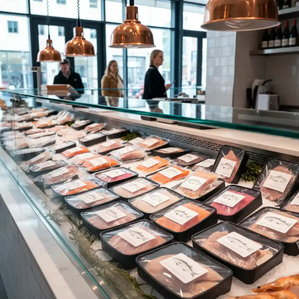 Premium packaged fresh fish on display at a market