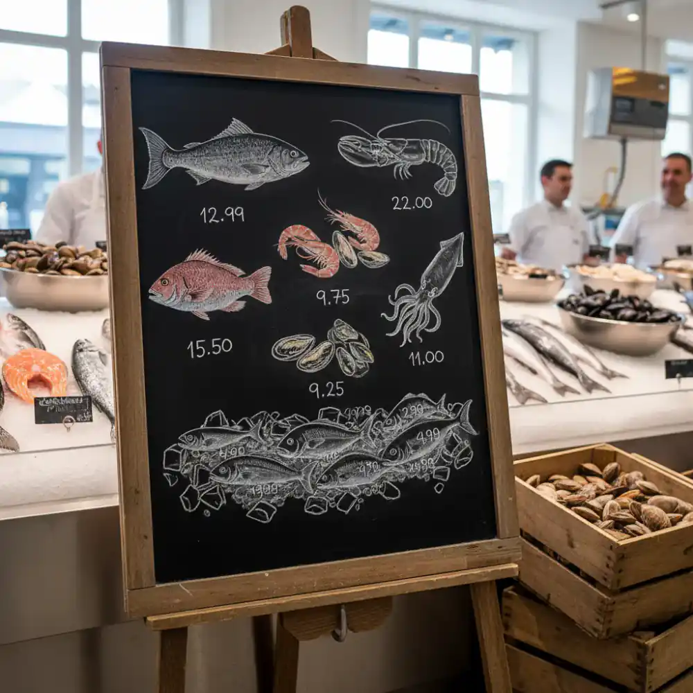 Chalkboard pricing at a fresh fish stall