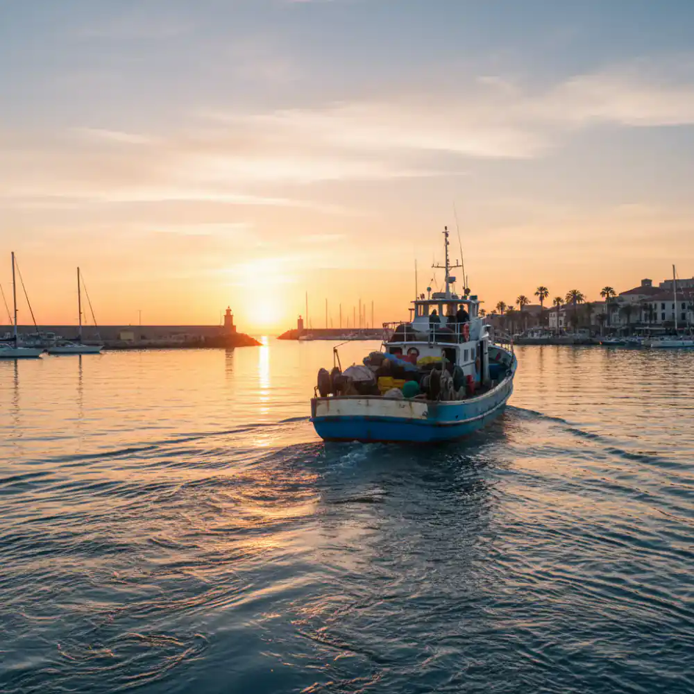A fishing boat returning to harbor at dawn