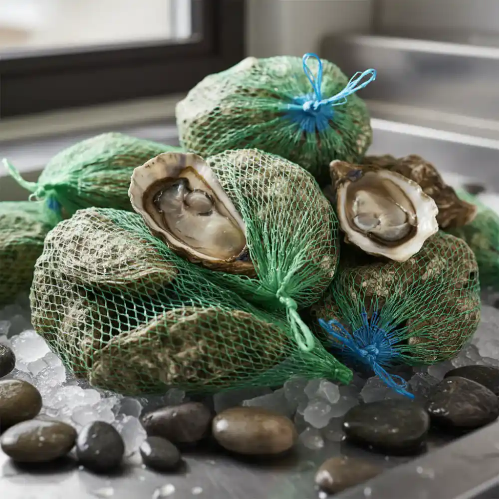 Fresh oysters in mesh bags