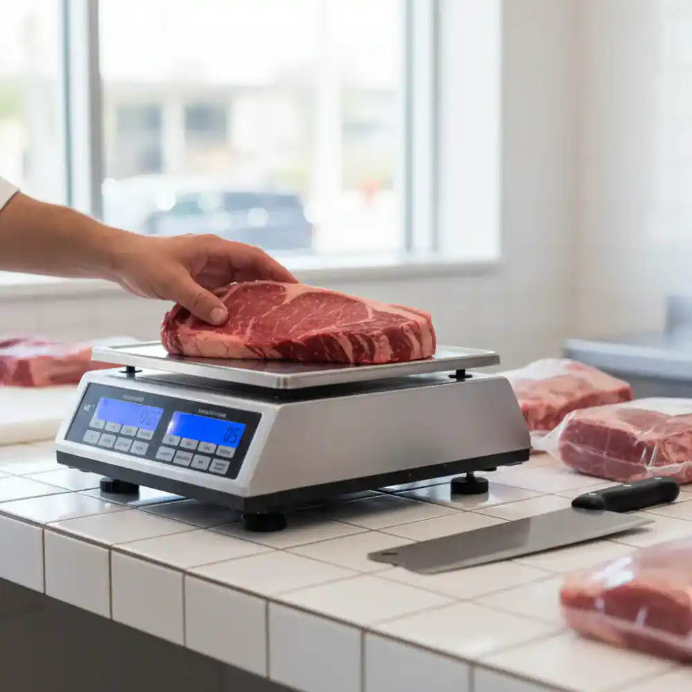 Weighing fresh cuts on a commercial scale