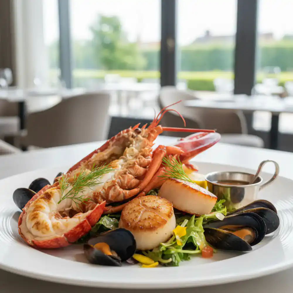 Plated seafood dish in a restaurant