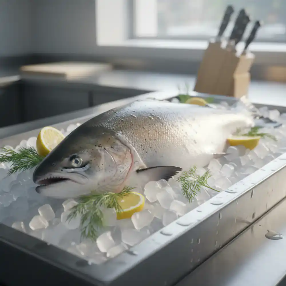 Crushed ice bed display with fresh salmon