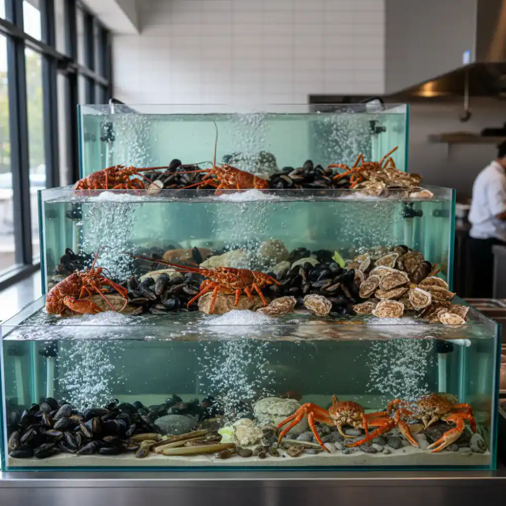 Live shellfish display in aerated tanks
