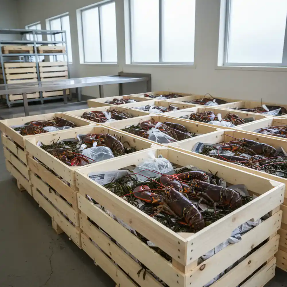 Live lobsters in shipping crates