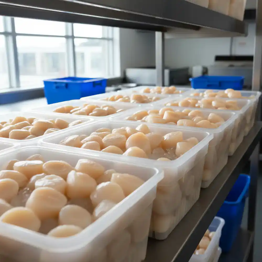Fresh scallops in specialized bulk tubs