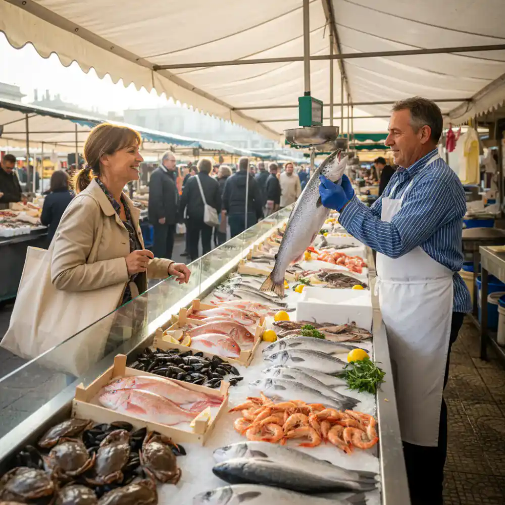 Fishmonger serving a customer at the market